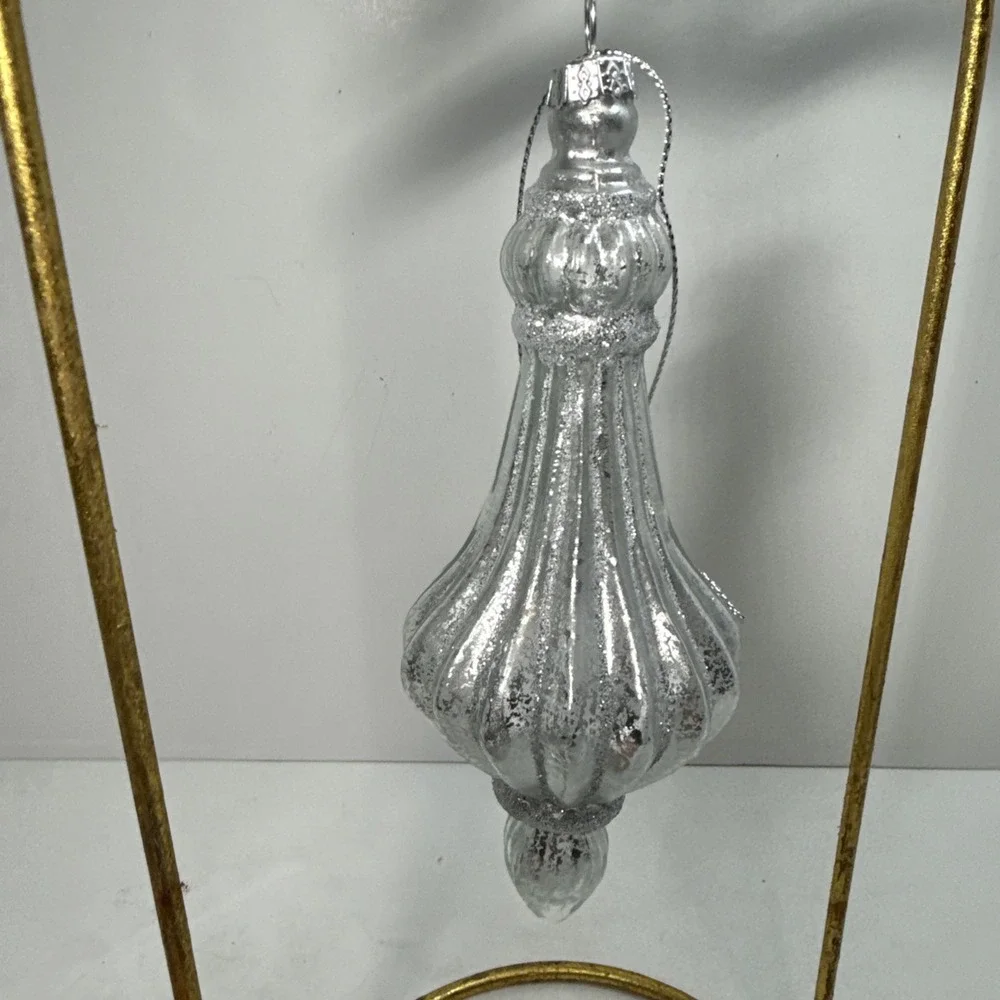 Set (2)‎ Silver and glittered mercury glass blown finial shaped ornaments 6 in